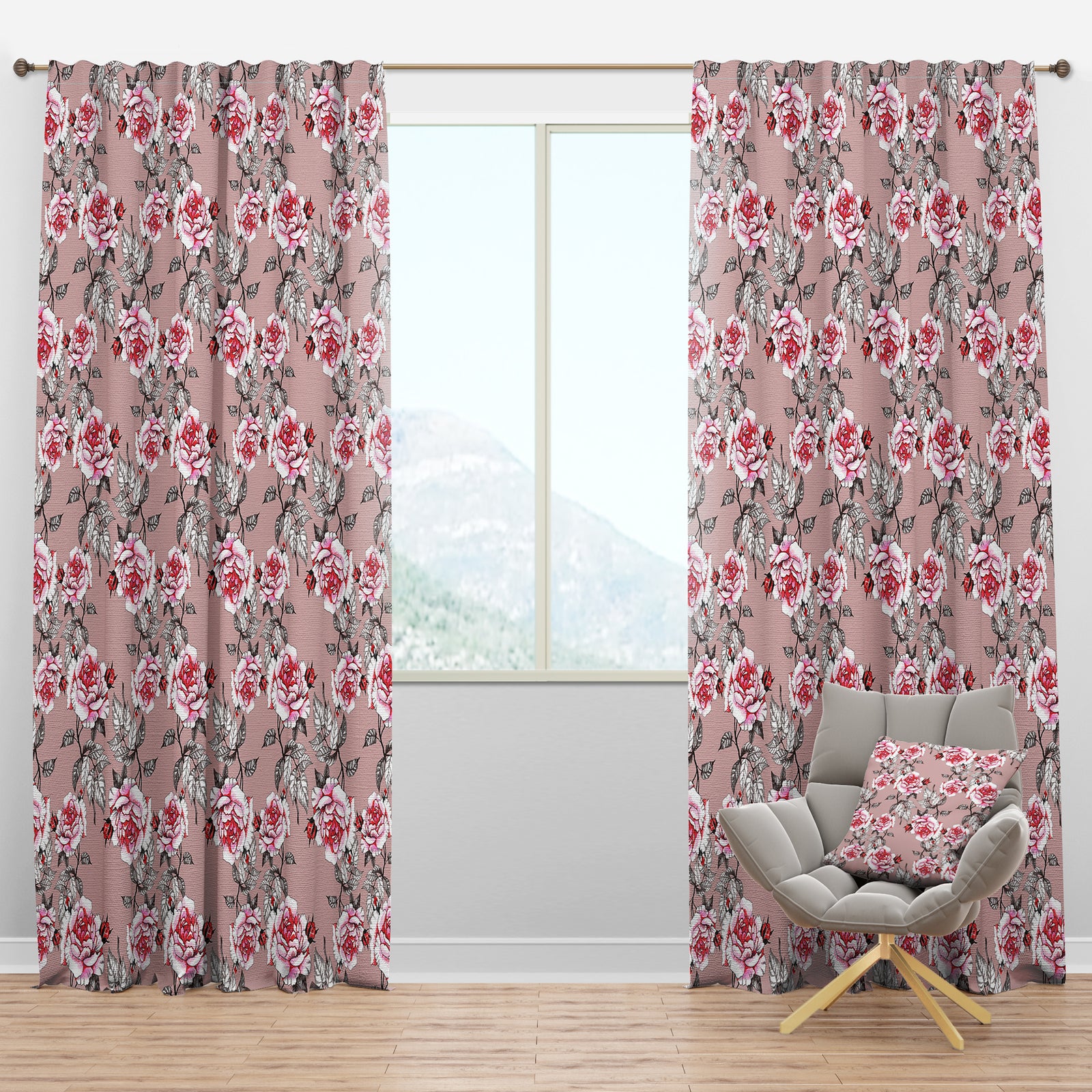 Red Rose in Pink - Floral Curtain Panels