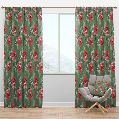 Red Rose in Green - Floral Curtain Panels