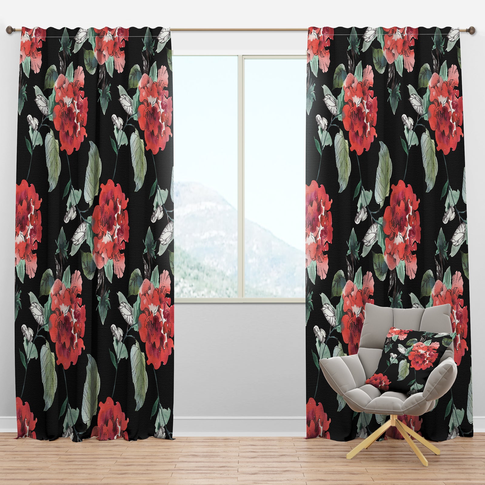 Red Rose in Black - Floral Curtain Panels