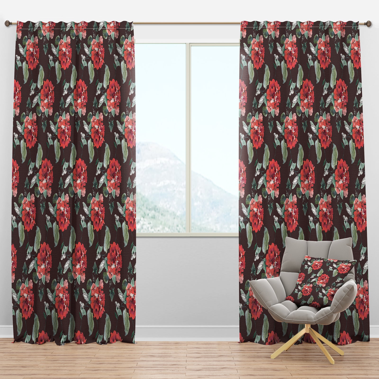 Red Rose in Brown - Floral Curtain Panels