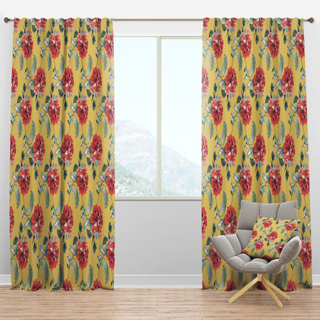 Red Rose in Yellow - Floral Curtain Panels