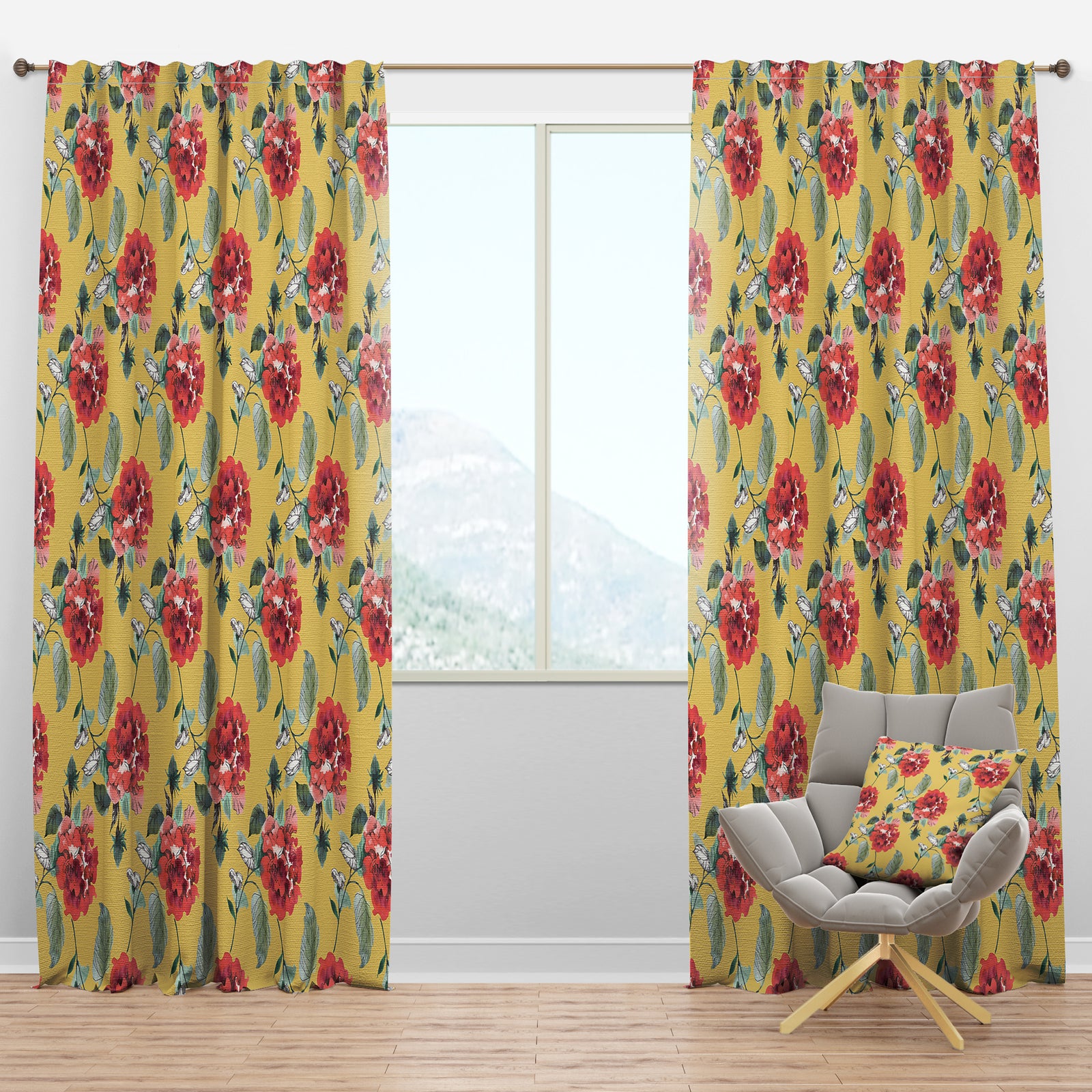 Red Rose in Yellow - Floral Curtain Panels