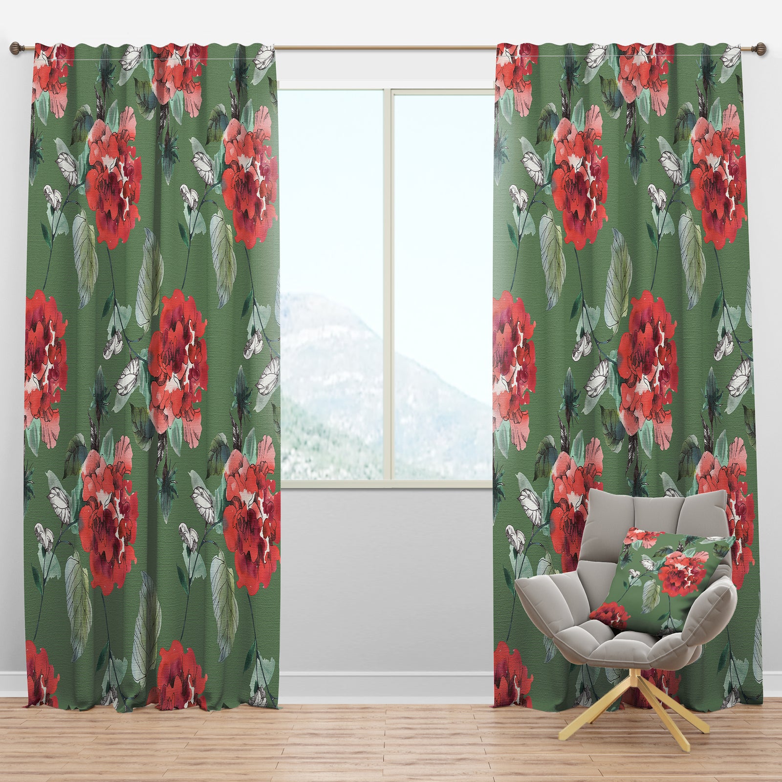 Red Flowers in Green - Floral Curtain Panels