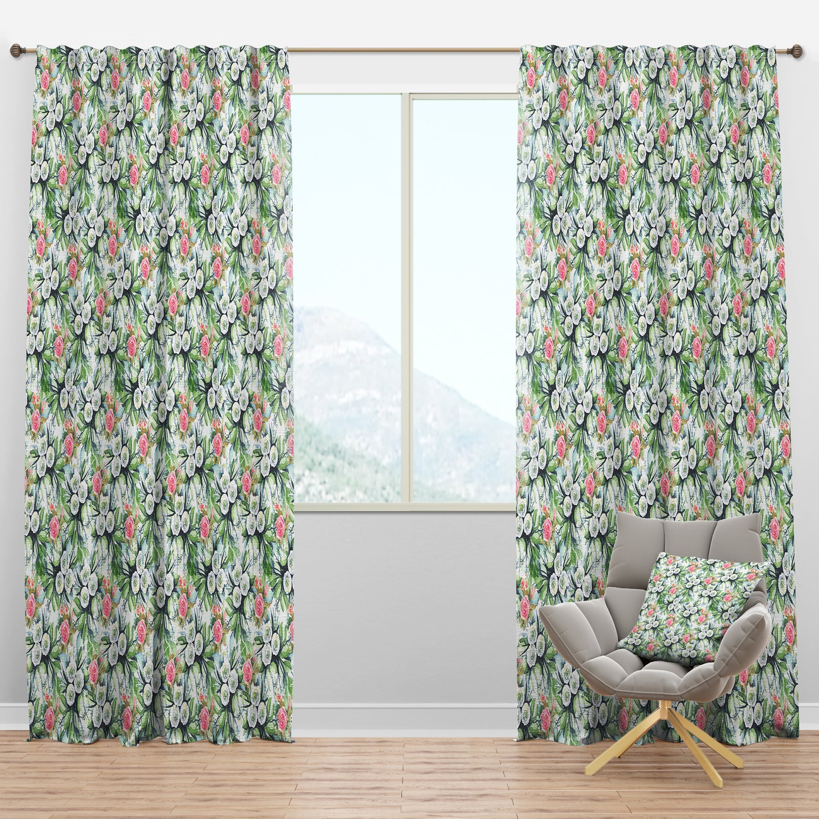 Blue, Purple White Abstract Floral Pattern - Floral Curtain Panels
