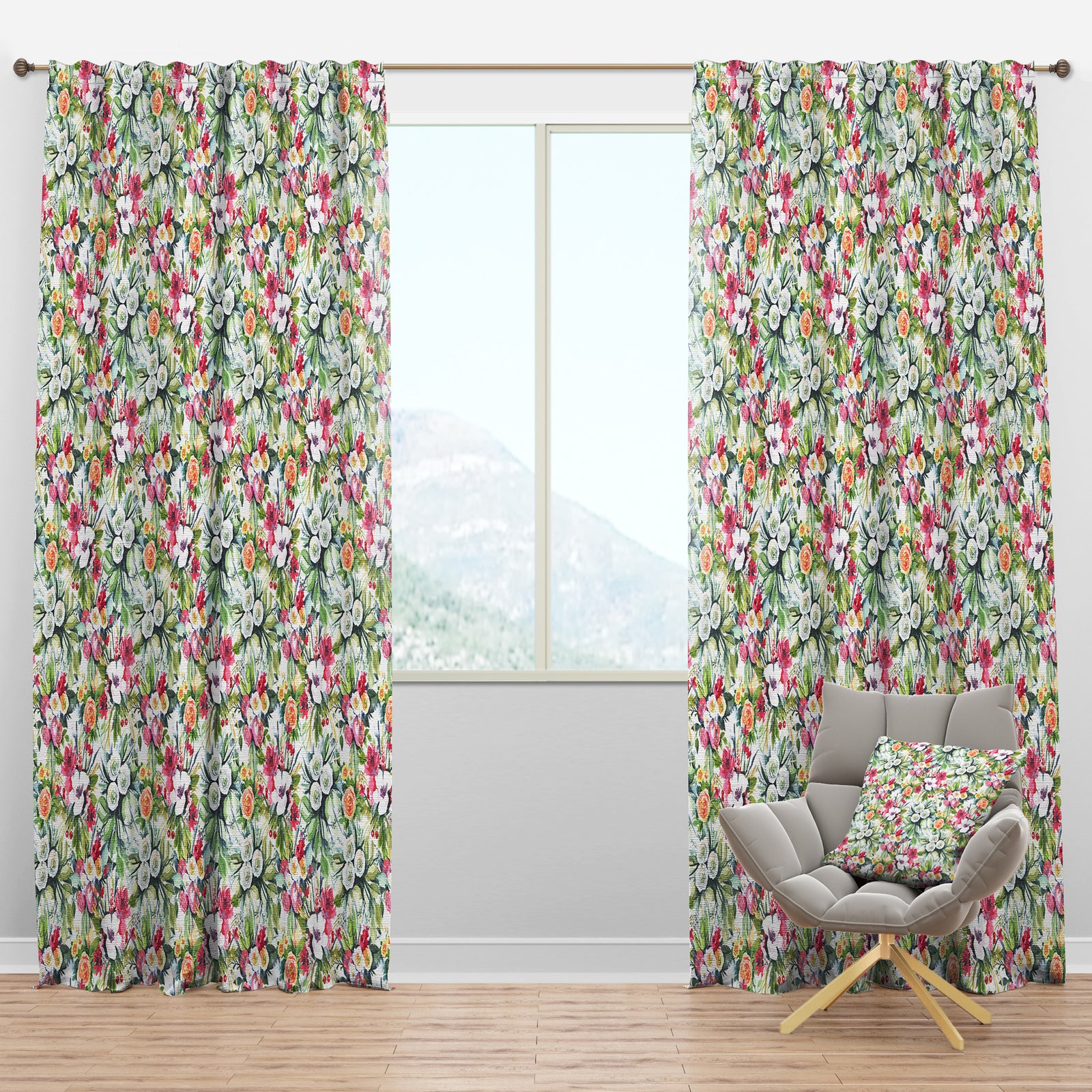 Mint bouquet of Flowers in White Red and Yellow - Floral Curtain Panels