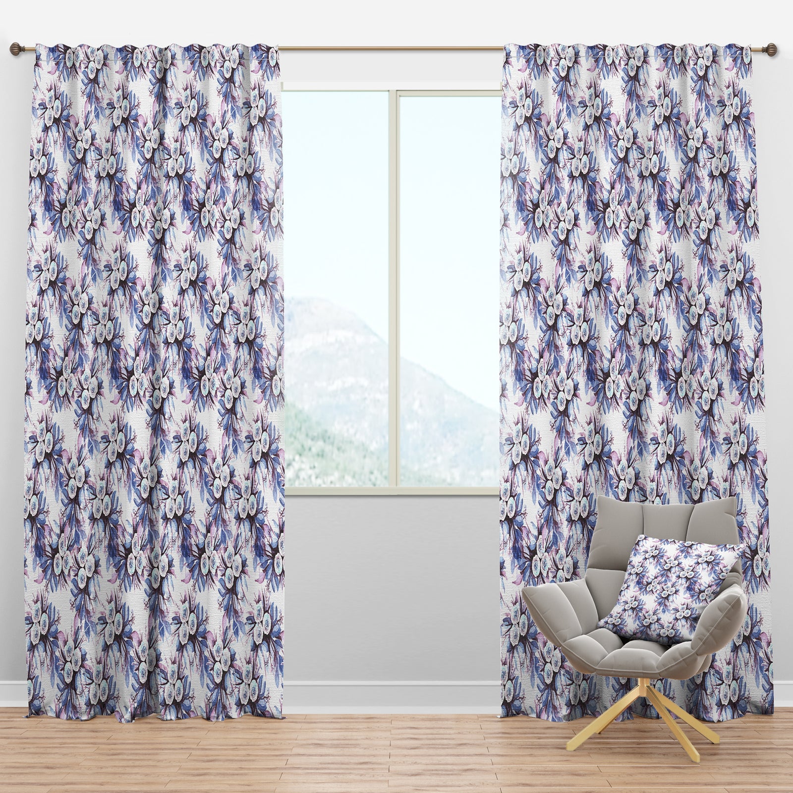 Floral pattern in Purples and Blues - Floral Curtain Panels