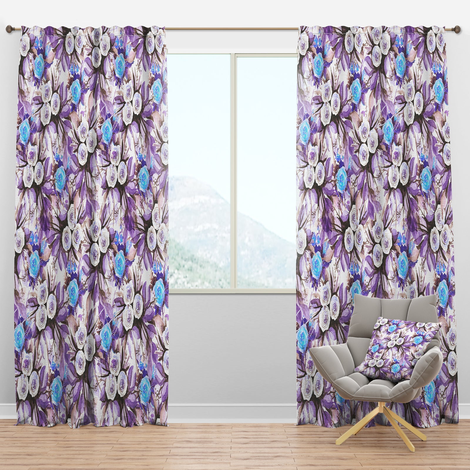Purple Blue and White in vintage flower - Floral Curtain Panels