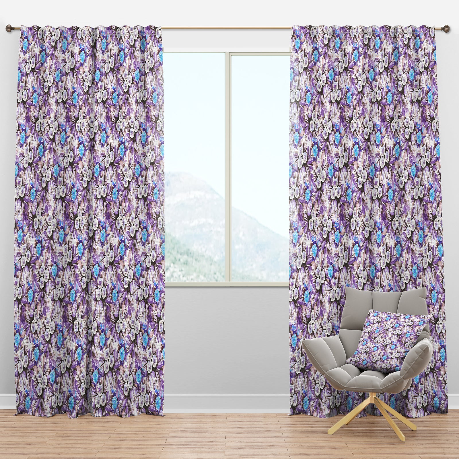 Cascade Bouquet Royal Blue Purple and White Flowers - Floral Curtain Panels