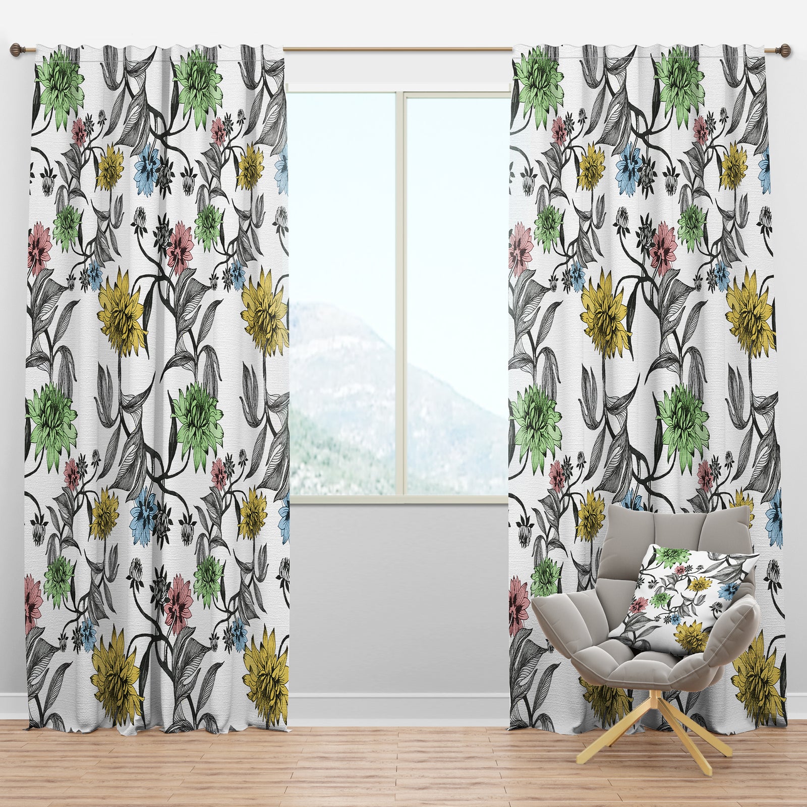 Hand drawn summer flowers - Floral Curtain Panels