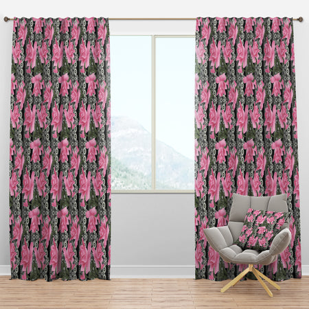 Black Lacy Roses Pattern - Floral Curtain Panels
