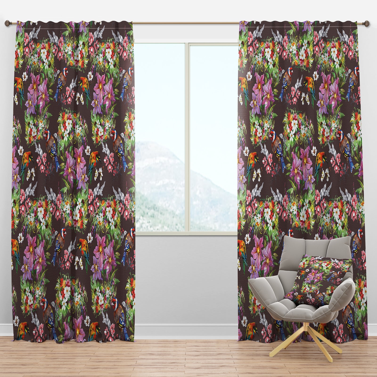 Colorful Birds and Flowers - Floral Curtain Panels