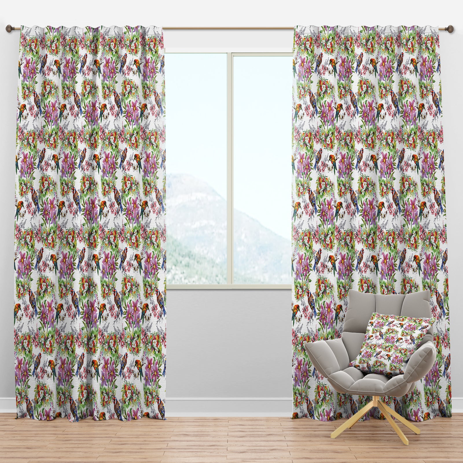 Pattern with flowers and birds - Floral Curtain Panels
