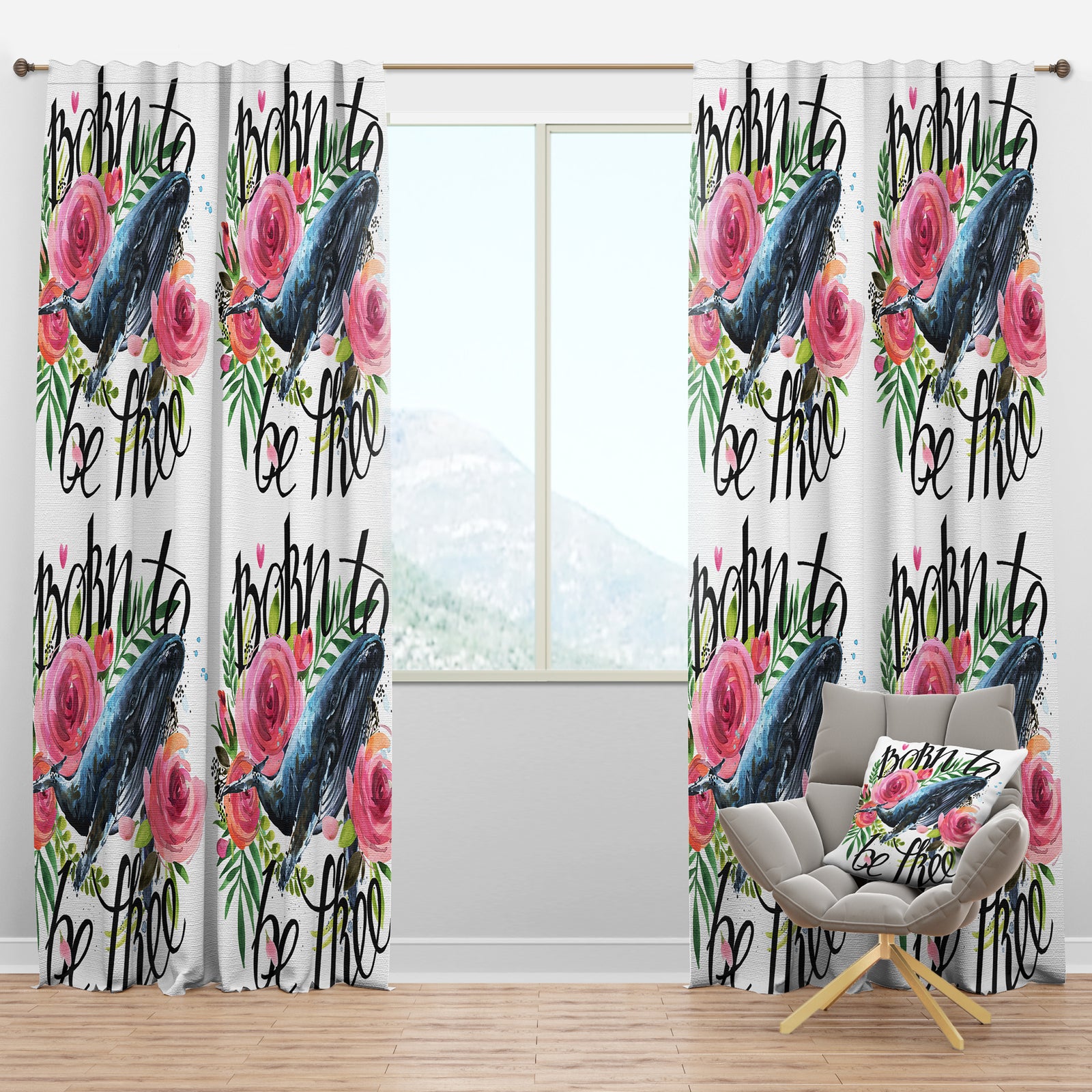 Whale and Roses - Floral Curtain Panels