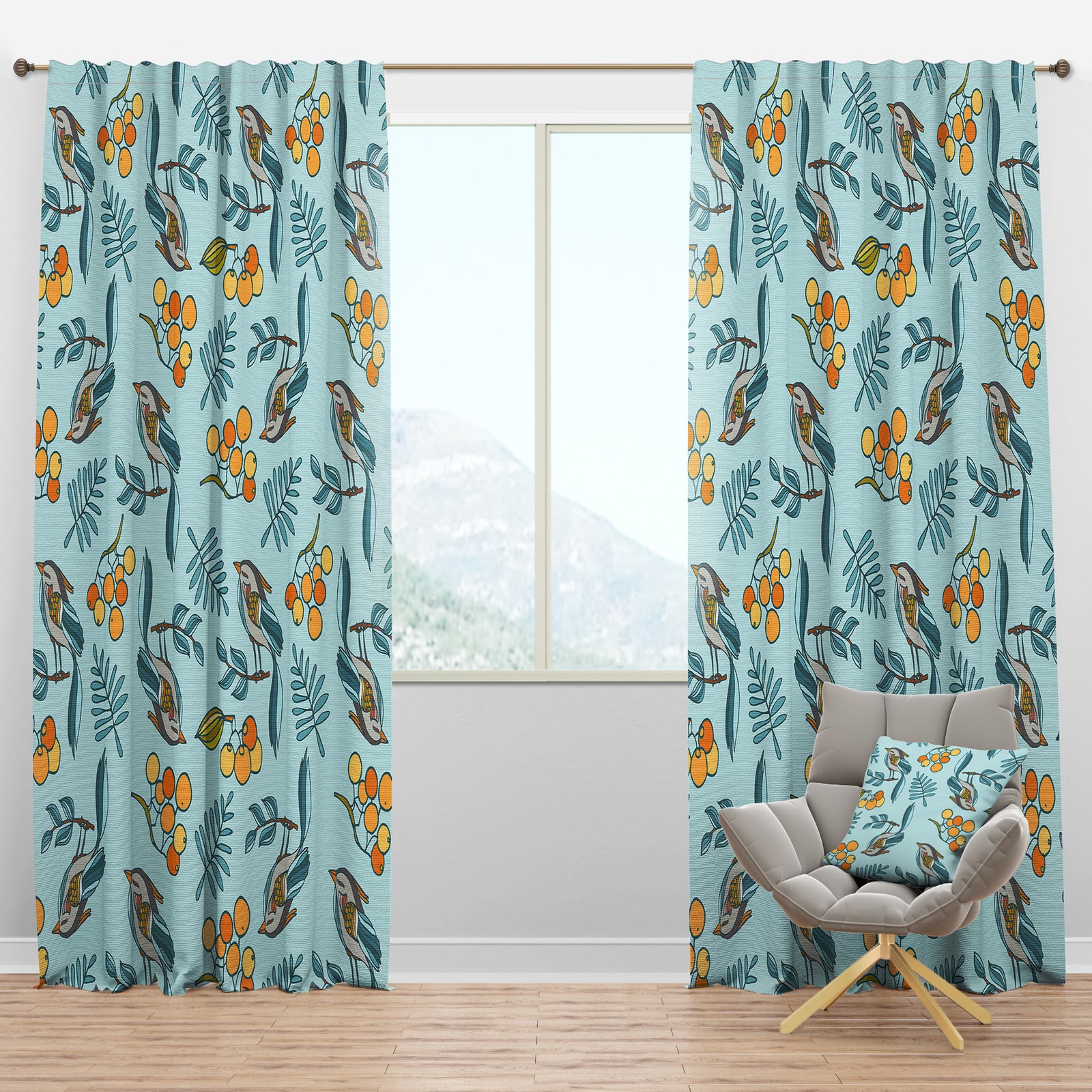 Seamless Decorative with Birds, Berries - Modern Curtain Panels
