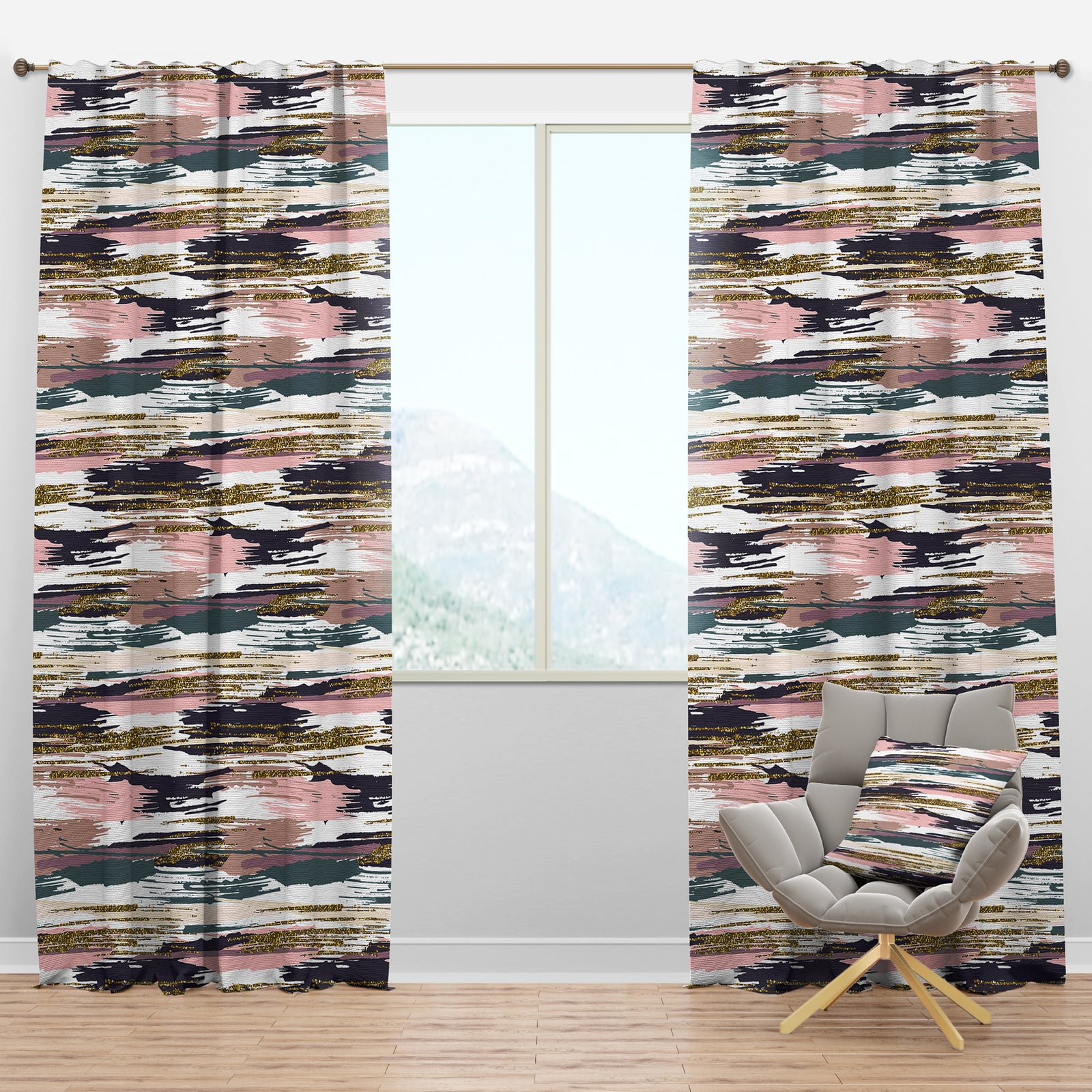 Gold Glitter Textured Brush Strokes & Stripes - Modern & Contemporary Curtain Panels