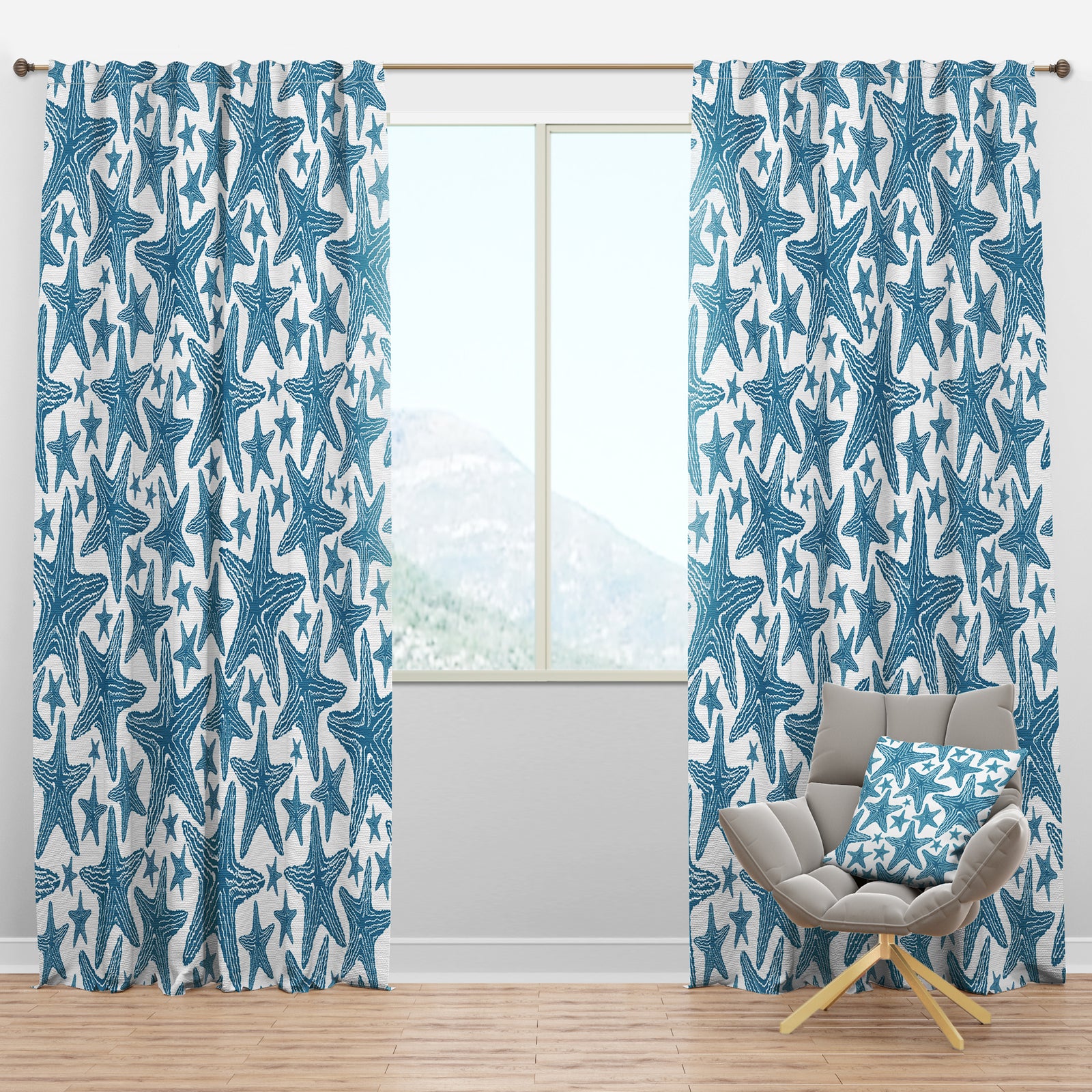 Pattern of Blue Starfish - Coastal Curtain Panels