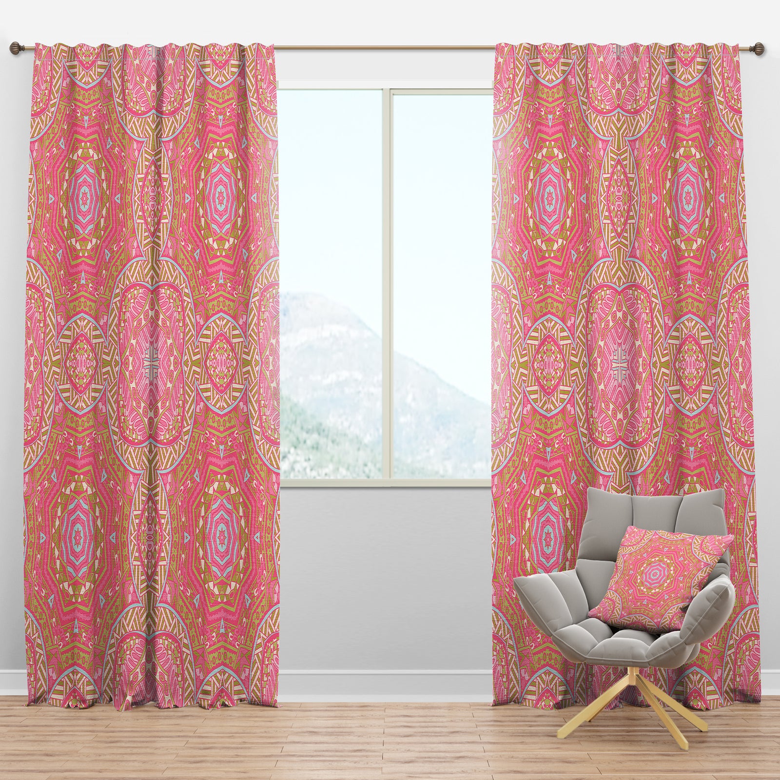 Pink and Green Star Mandala - Bohemian & Eclectic Curtain Panels