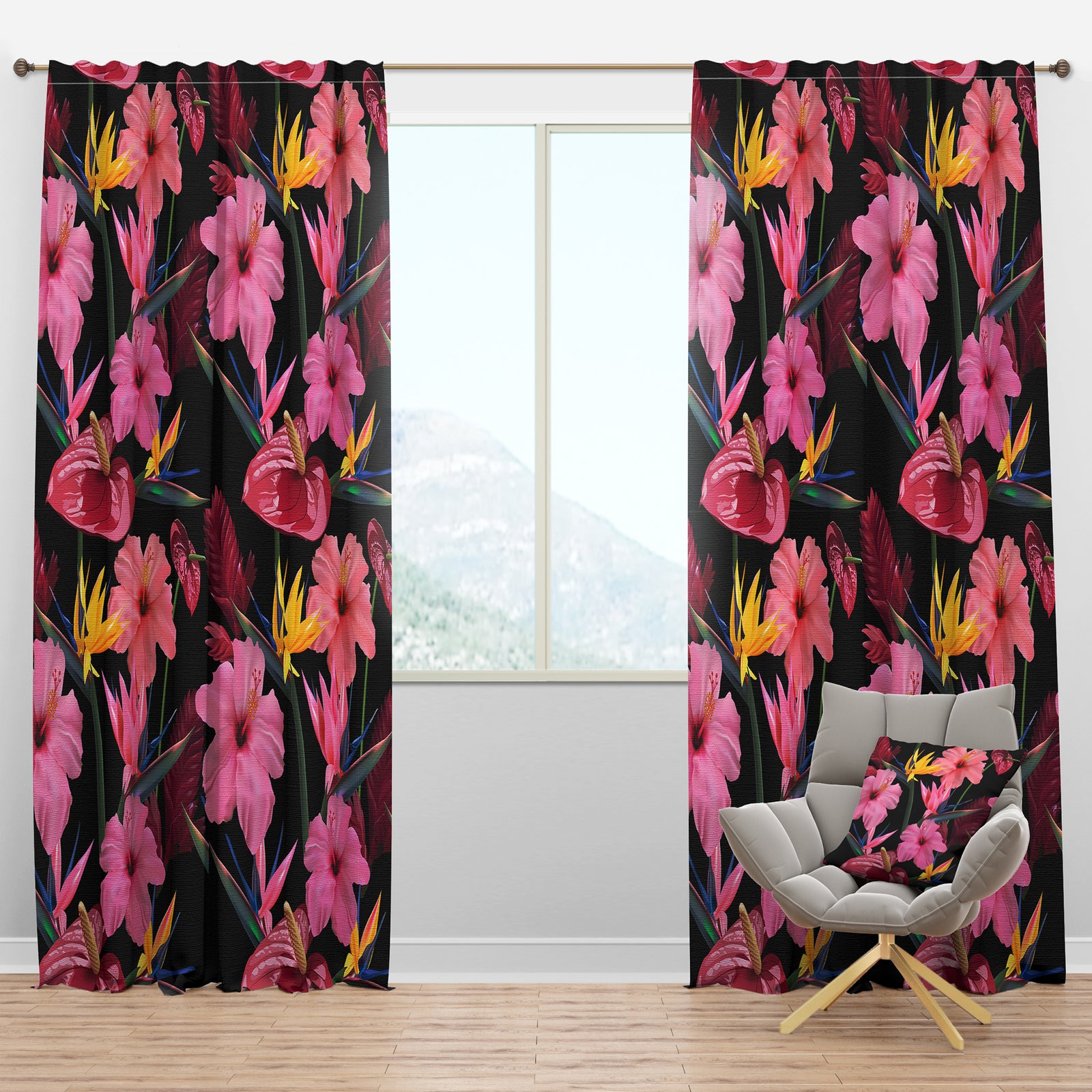 Pattern of Tropical Pink Flowers - Tropical Curtain Panels