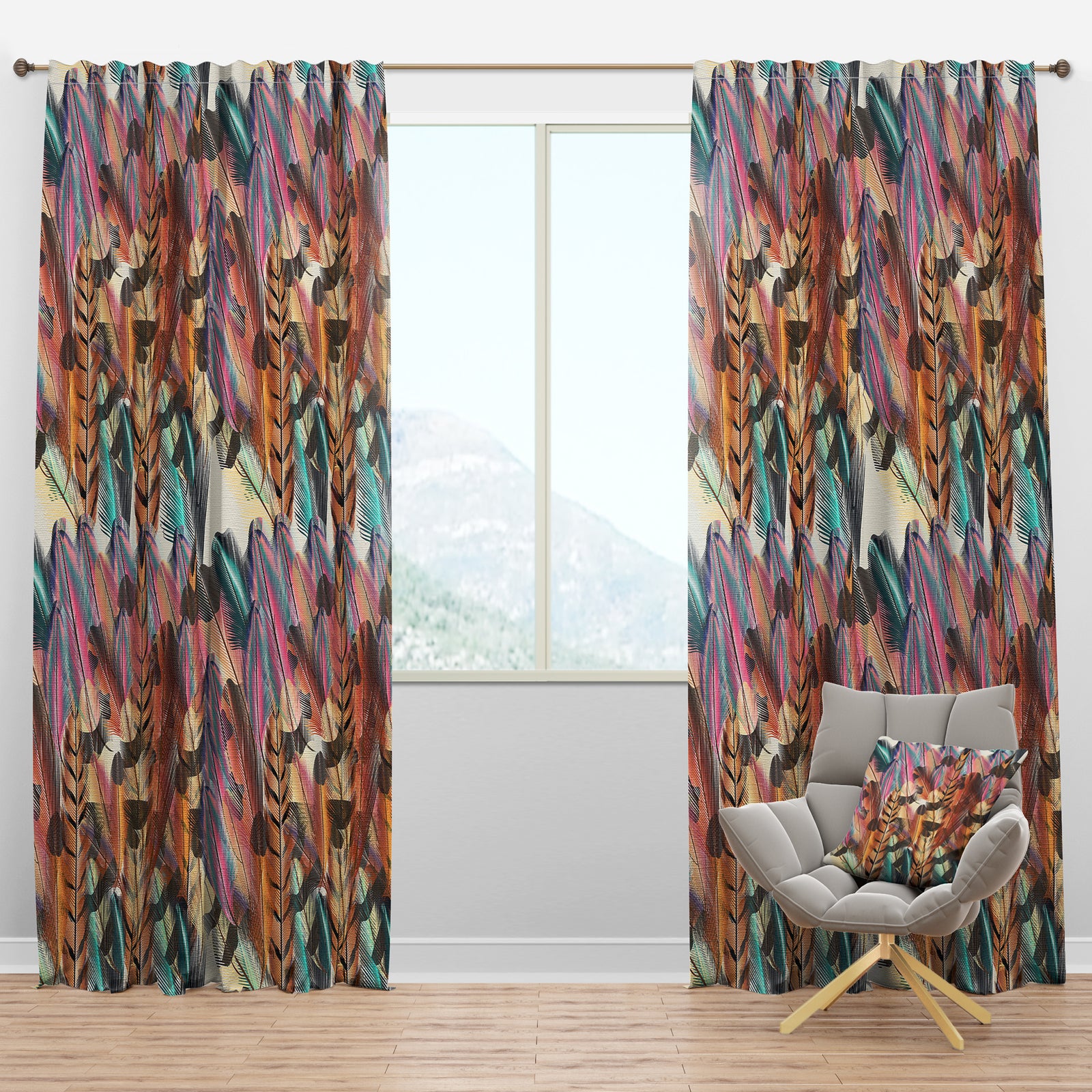 Tiger Patterned Boheman Feathers - Southwestern Curtain Panels
