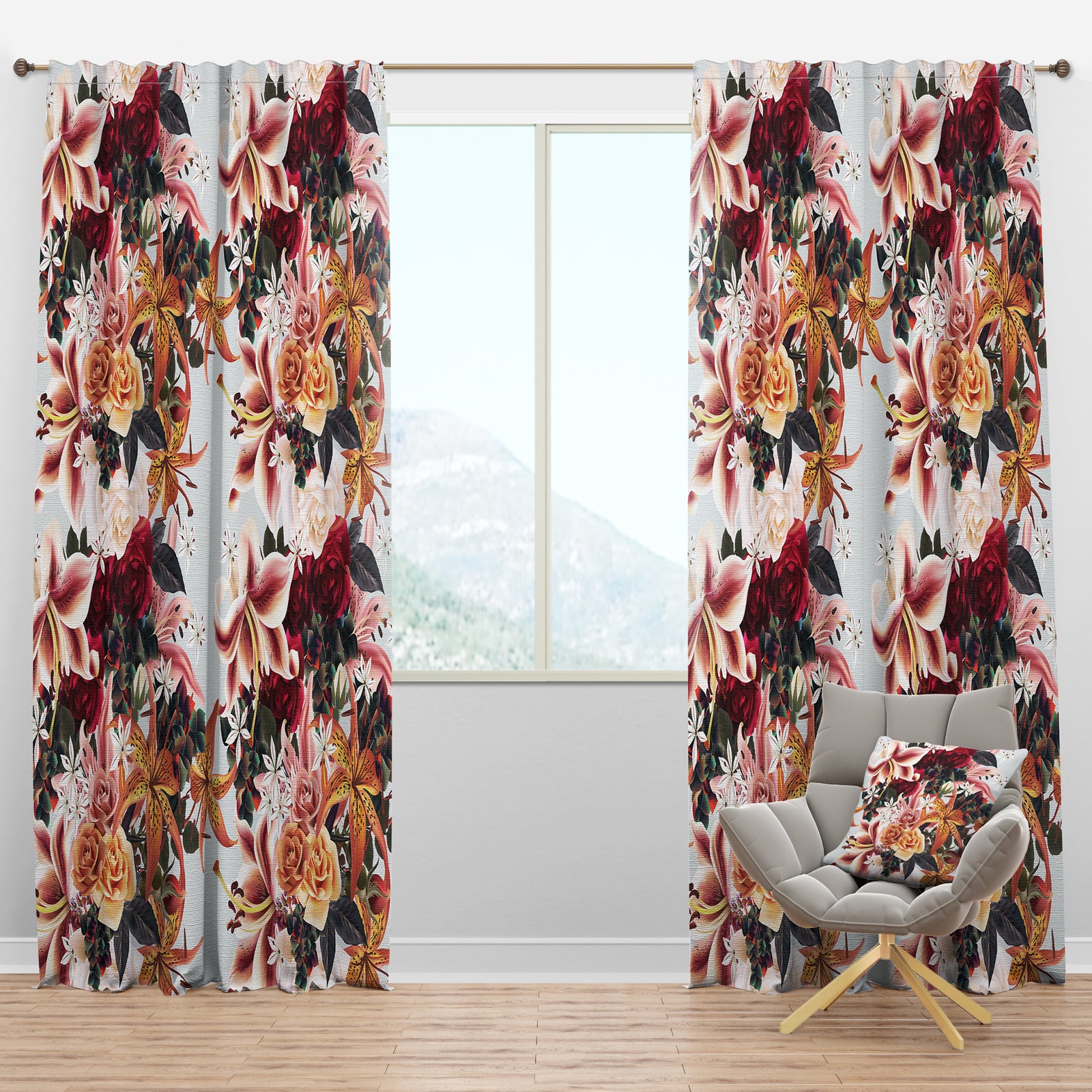 Floral Pattern with Roses and Lily - Modern & Contemporary Curtain Panels