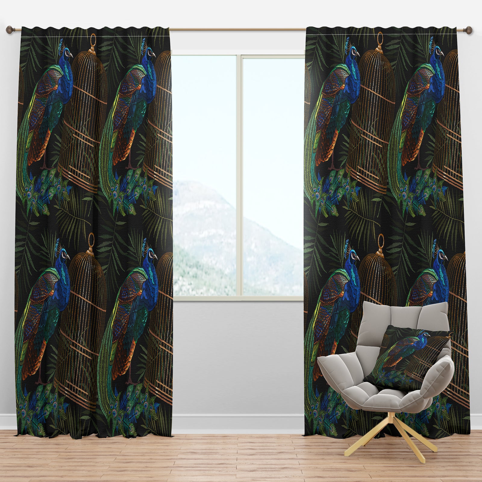 Tails of Peacocks and Birds Cage - Farmhouse Curtain Panels
