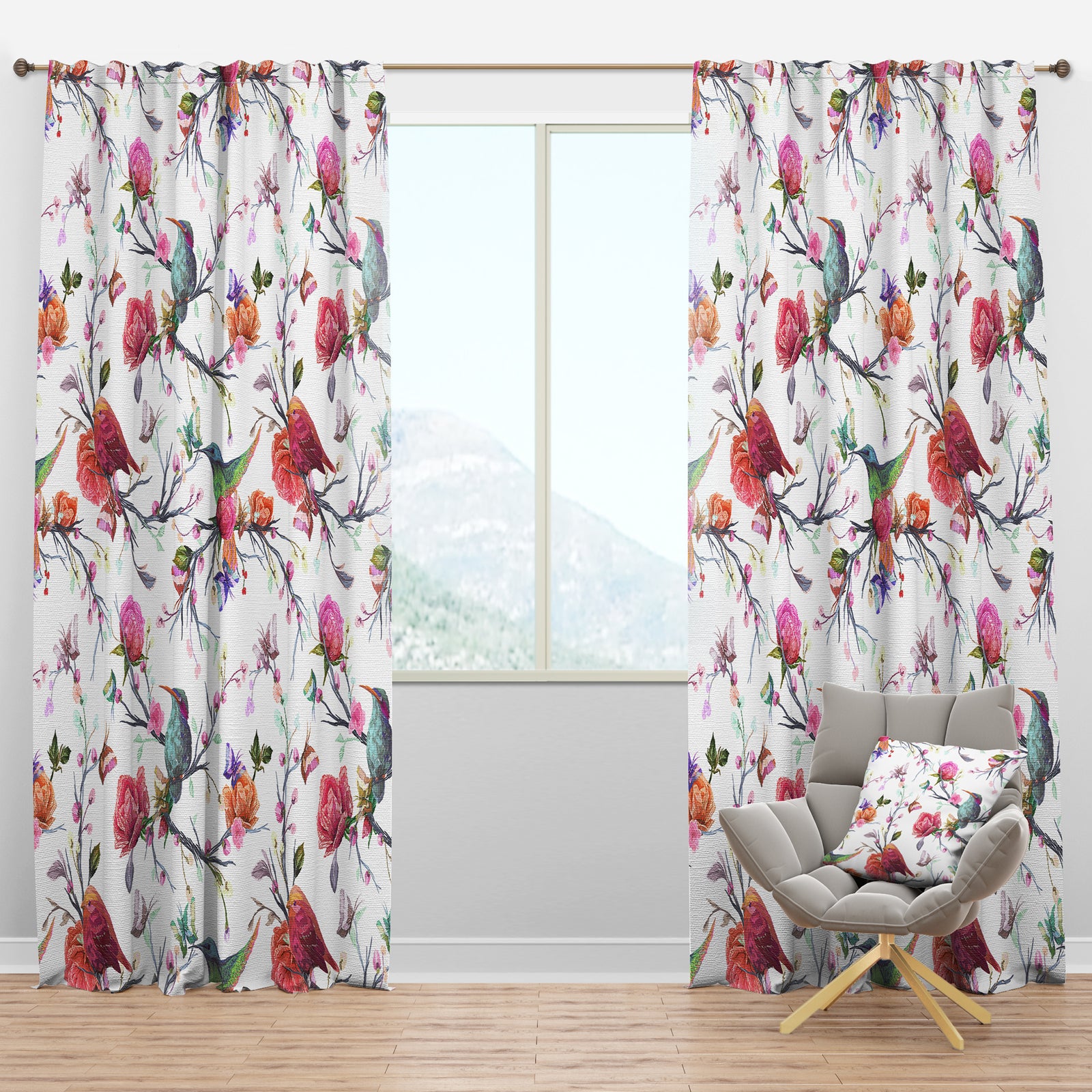 Vintage Pattern: Bird, Flowers, Leaves - Farmhouse Curtain Panels