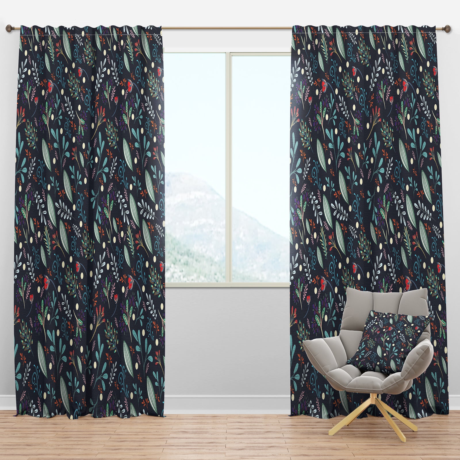 Sparkling Forest Leaves on Dark Blue - Modern & Contemporary Curtain Panels