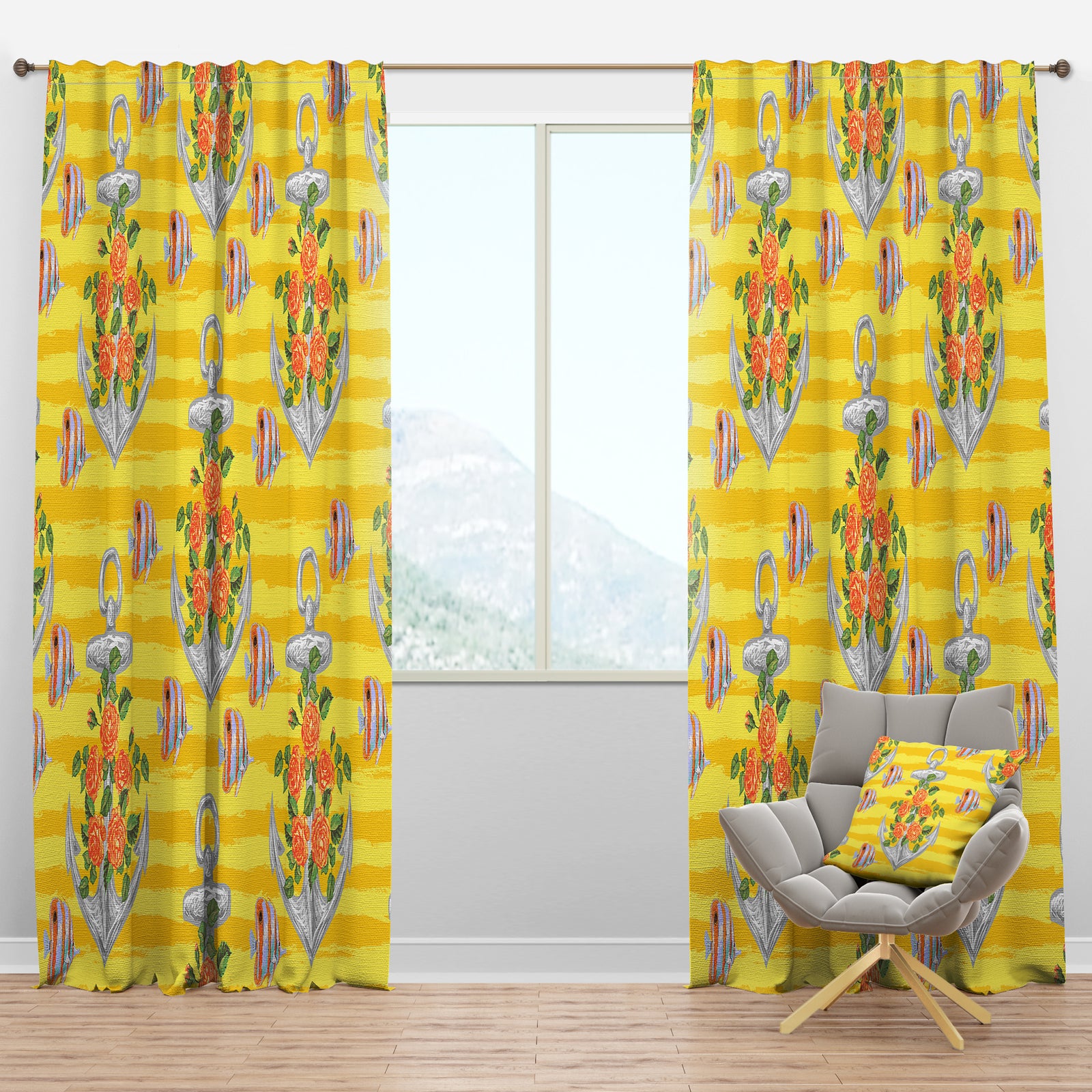 Yellow Anchor Pattern - Nautical & Coastal Curtain Panels