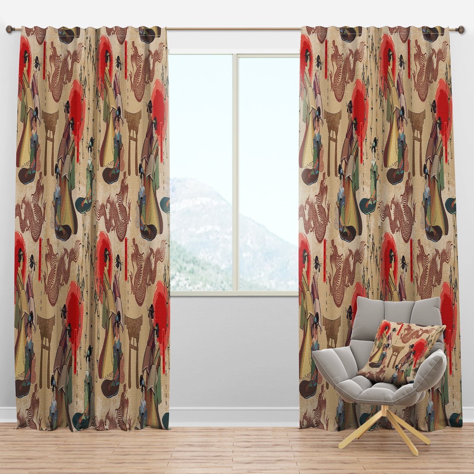 Japanese Geishas & Dragons - Oriental Curtain Panels