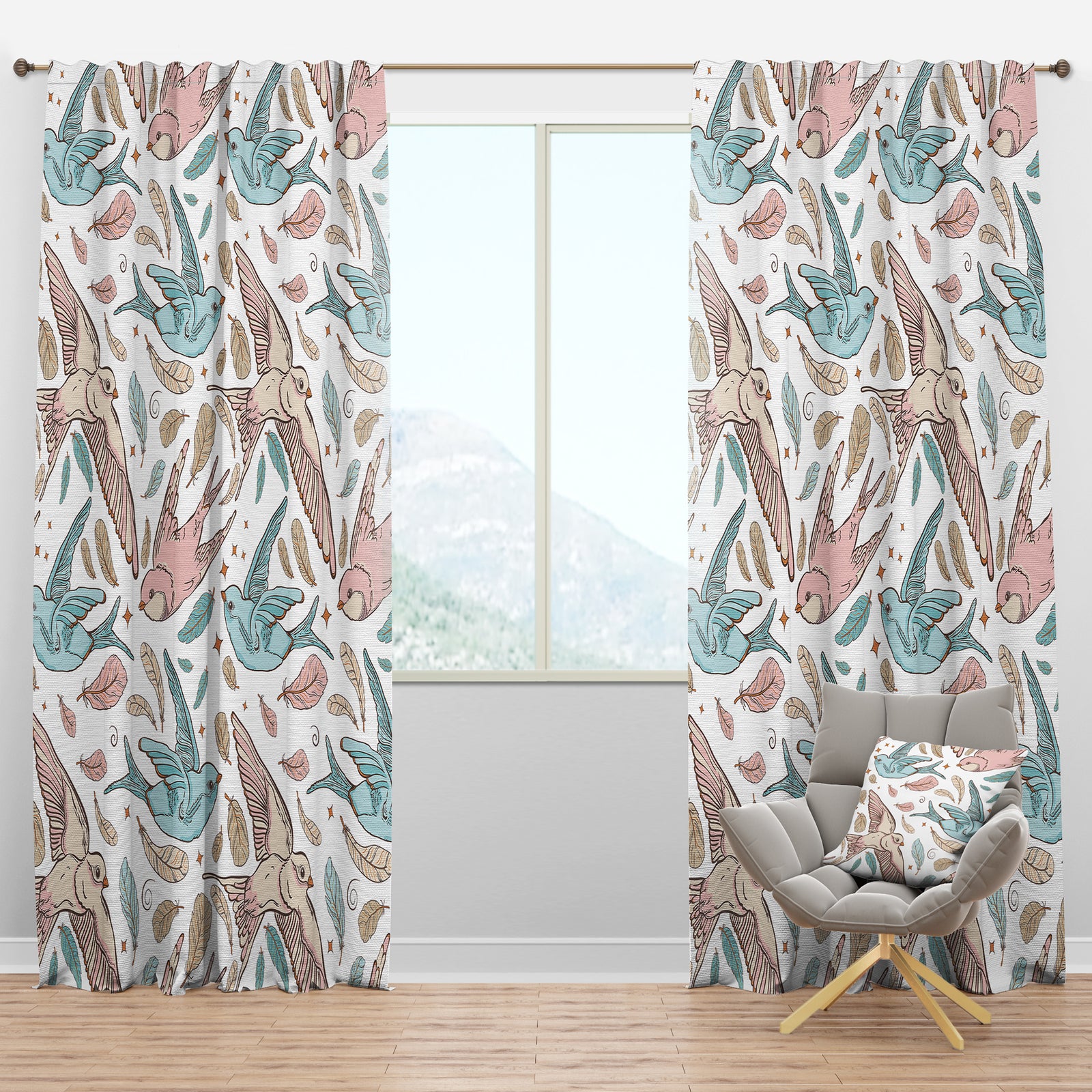 Pattern with Swallow Birds & Flowers - Traditional Curtain Panels