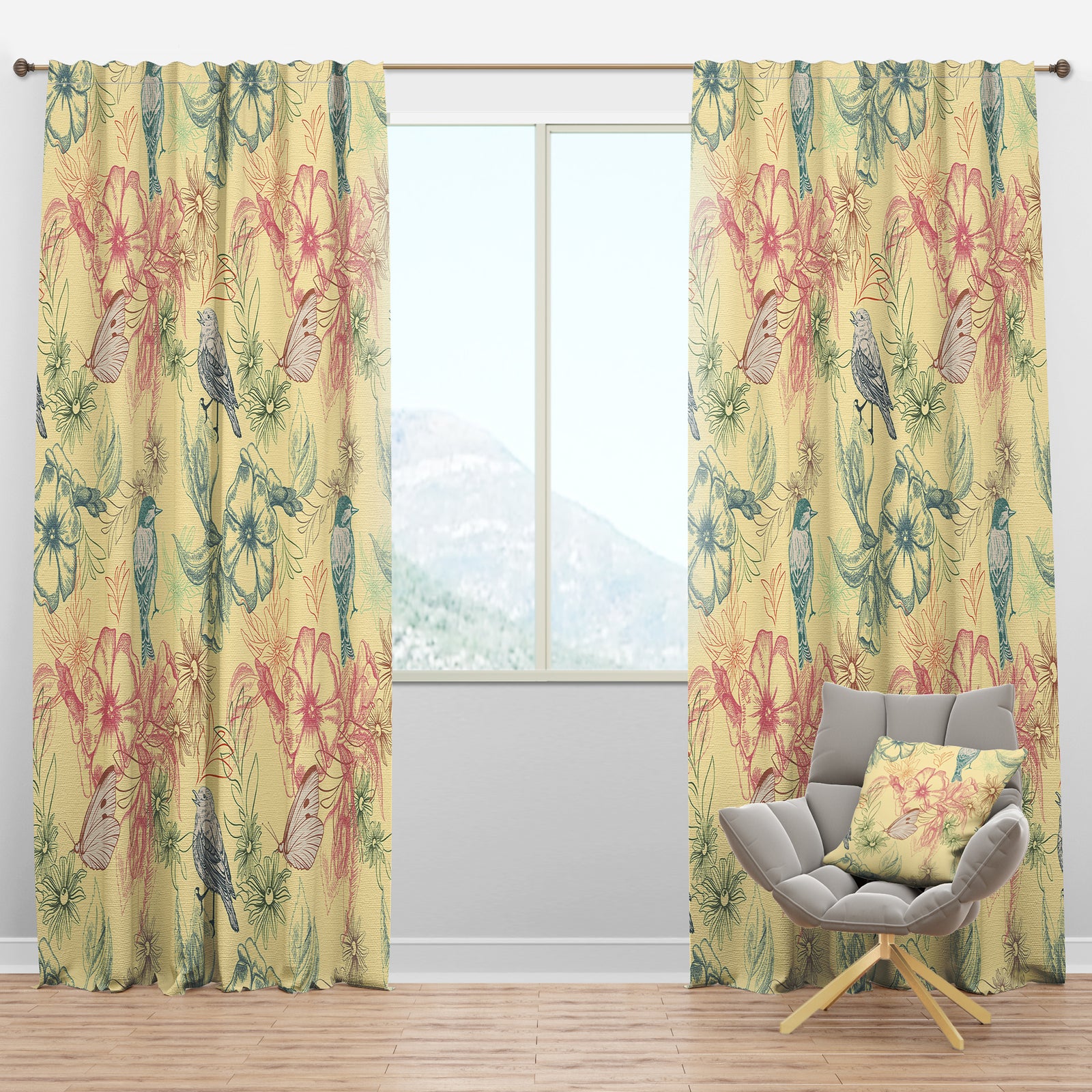 Spring Pattern with Butterflies on Flowers - Modern & Contemporary Curtain Panels