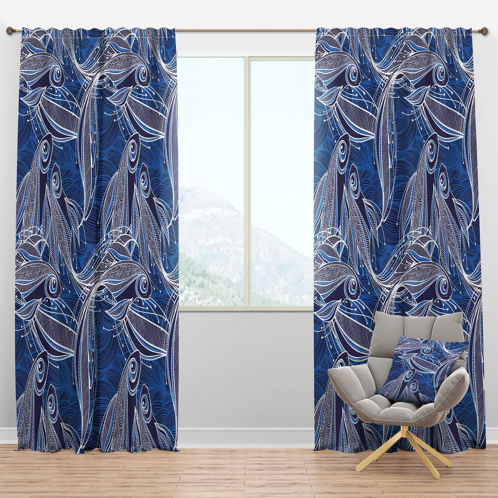 Blue Pattern with Fantastic Fishes - Nautical & Coastal Curtain Panels