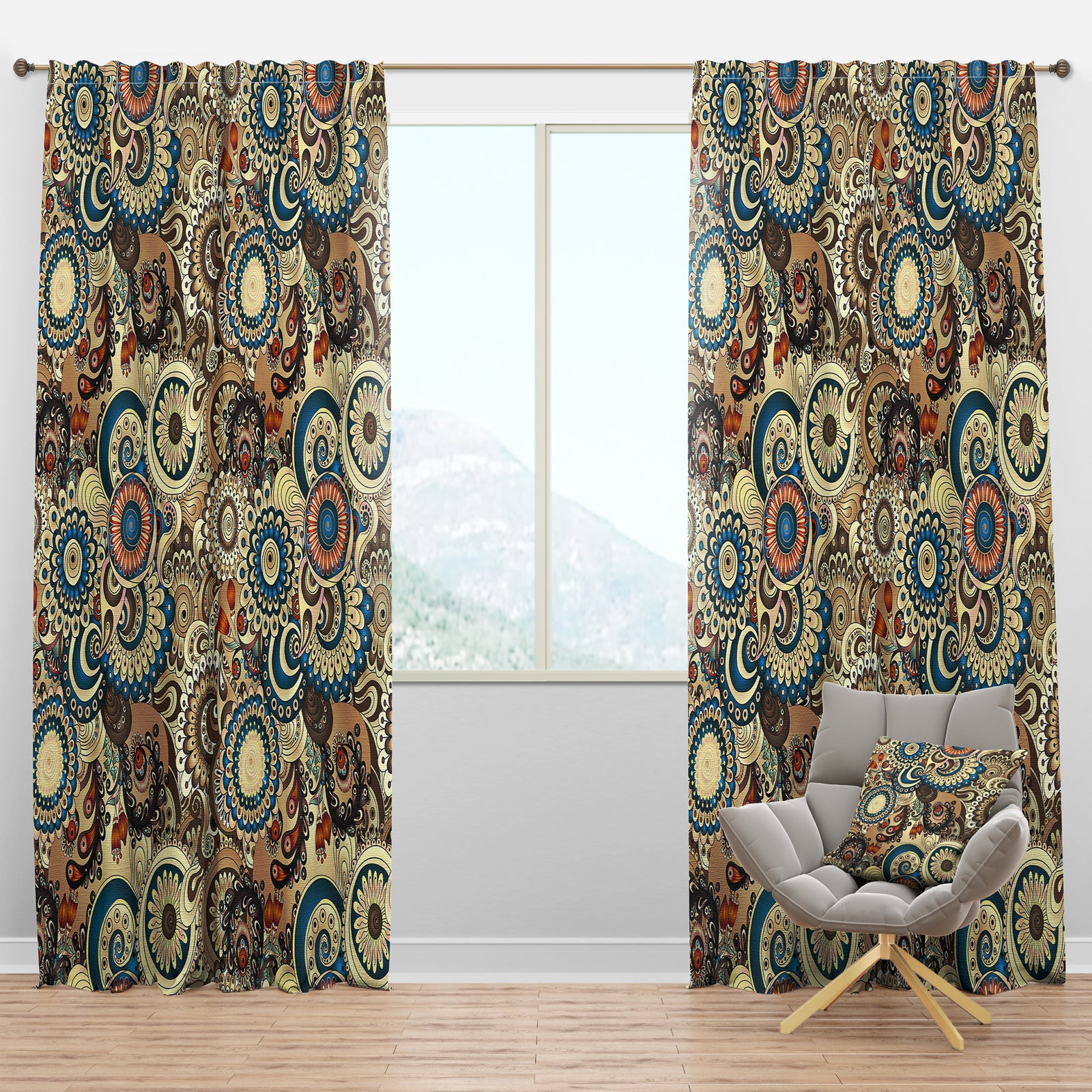 Floral Pattern with Doodles & Cucumbers - Bohemian & Eclectic Curtain Panels