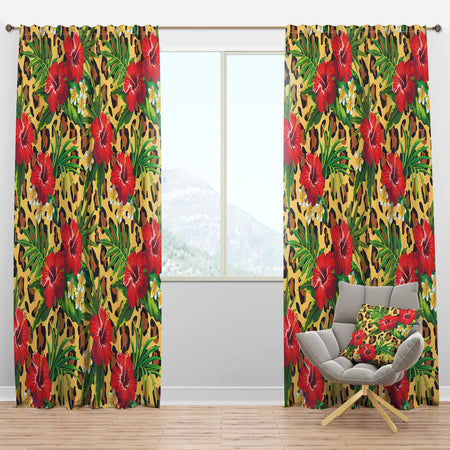Hibiscus & Plumeria Tropical Flowers with Palm Leaves - Tropical Curtain Panels