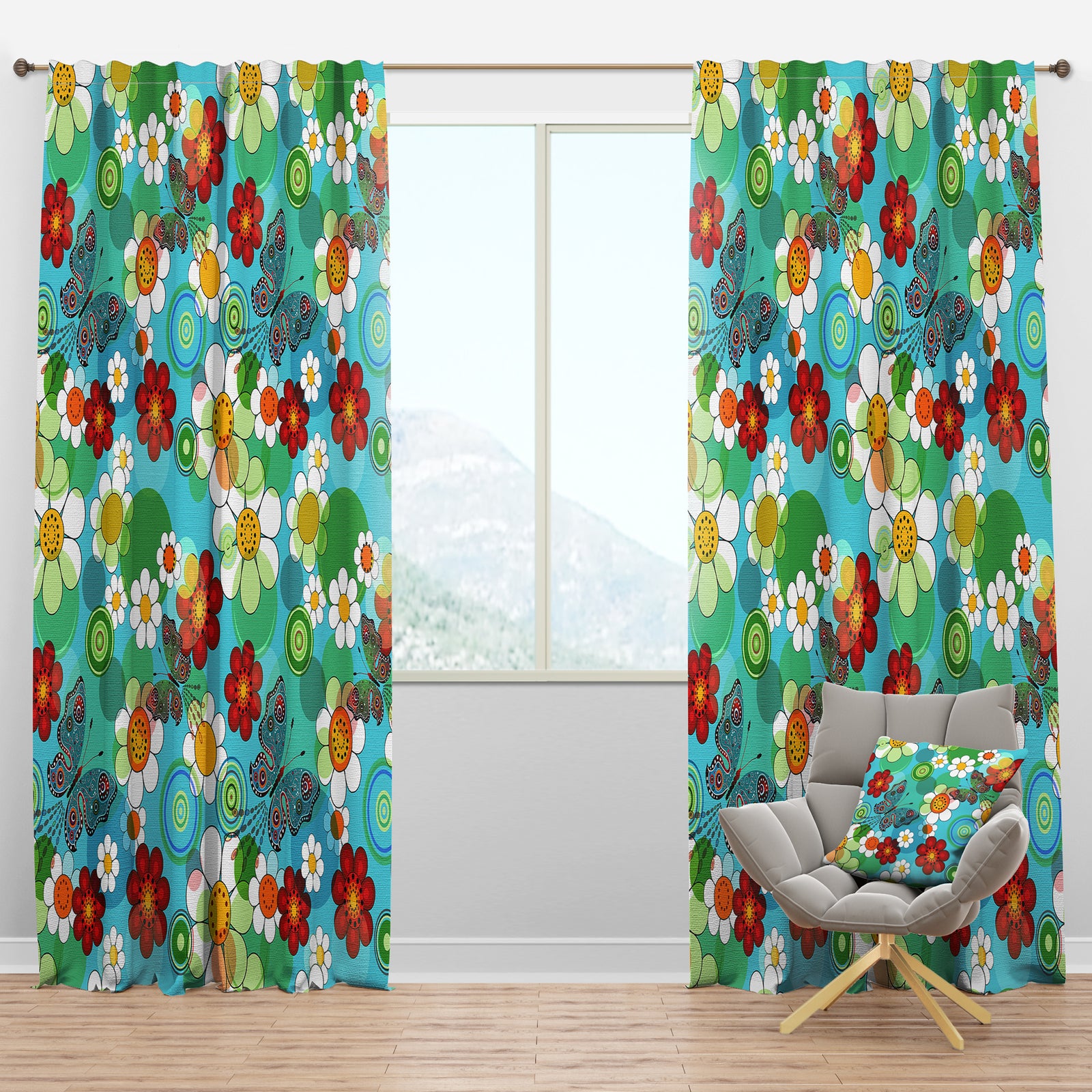 Vivid Blue Floral Pattern - Bohemian & Eclectic Curtain Panels
