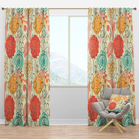 Retro Floral Pattern - Bohemian & Eclectic Curtain Panels
