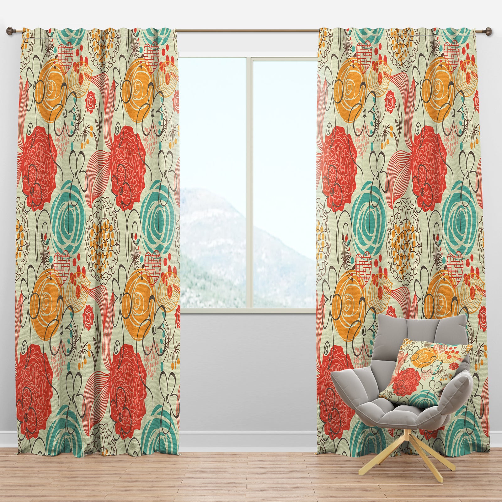 Retro Floral Pattern - Bohemian & Eclectic Curtain Panels