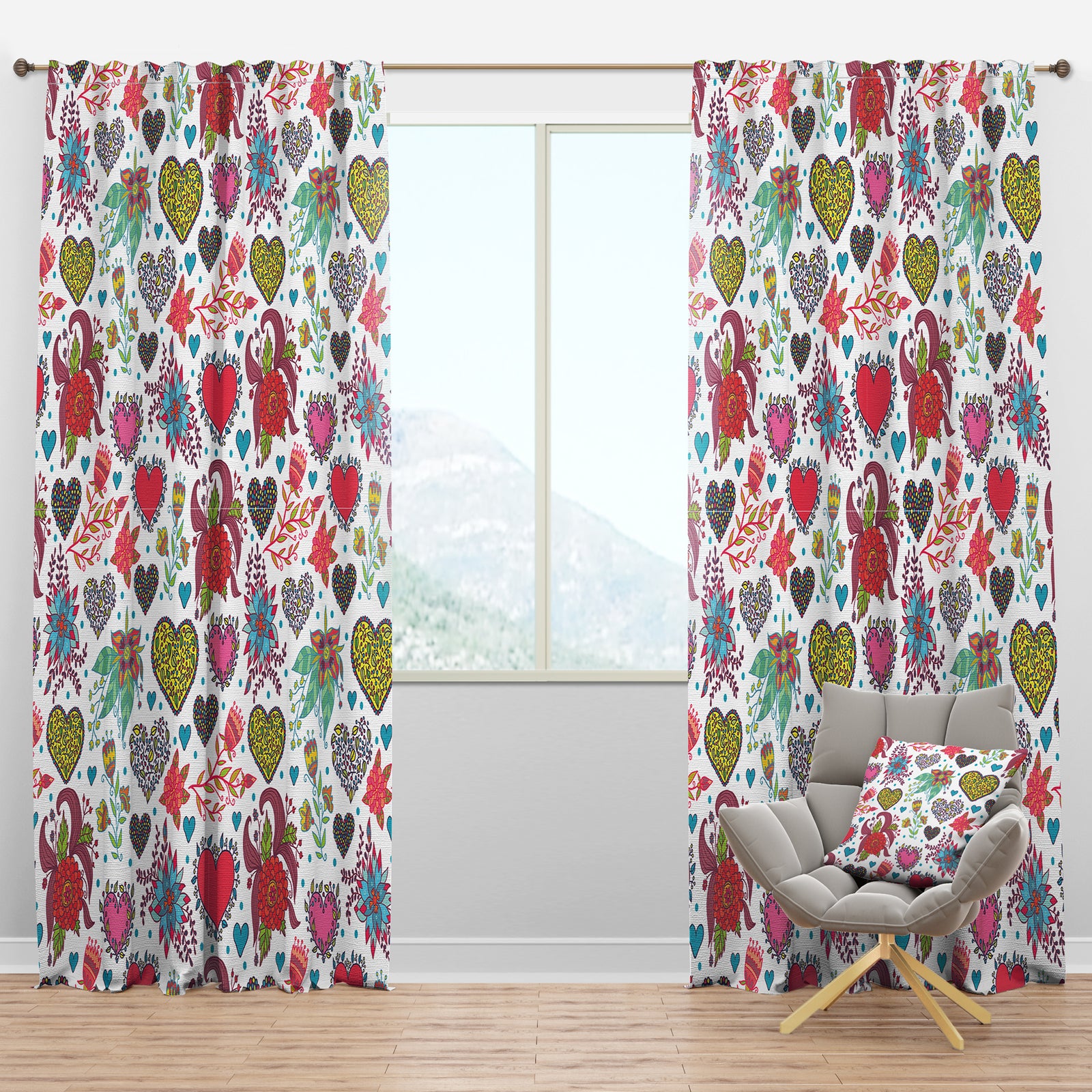 Beautiful Flowers & Hearts Pattern - Traditional Curtain Panels