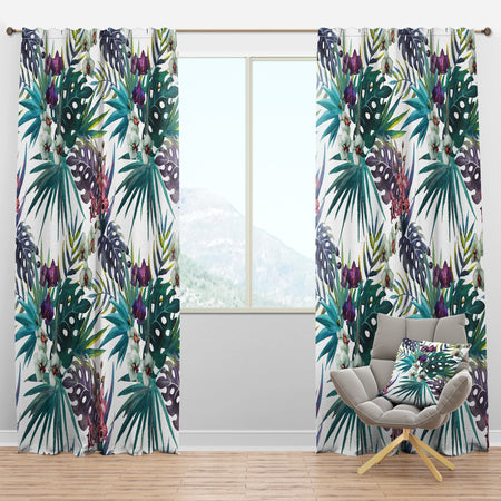 Pattern Orchid Hibiscus Leaves Watercolor Tropics - Tropical Curtain Panels