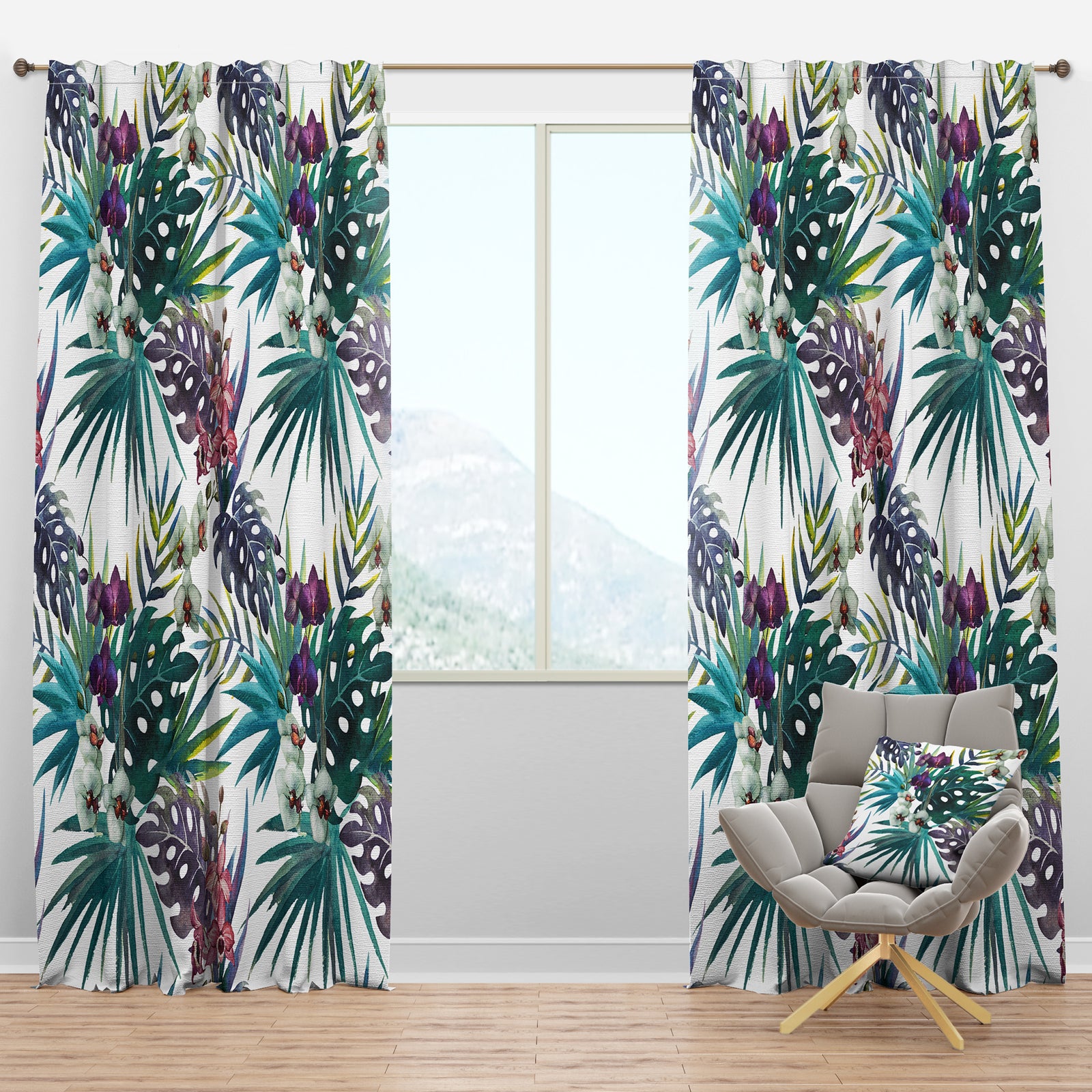 Pattern Orchid Hibiscus Leaves Watercolor Tropics - Tropical Curtain Panels
