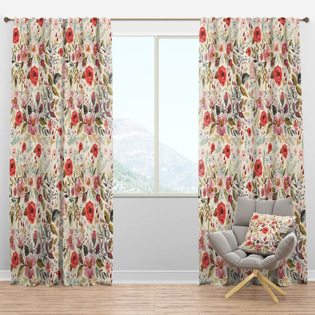 Vintage Red Pink Flower and Leaves - Rustic Curtain Panels