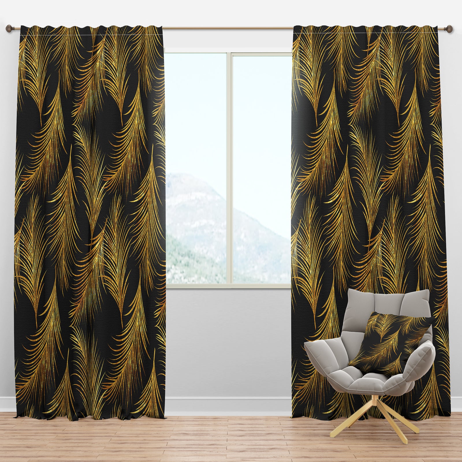 Golden Tropical Leaves Pattern - Modern & Contemporary Curtain Panels
