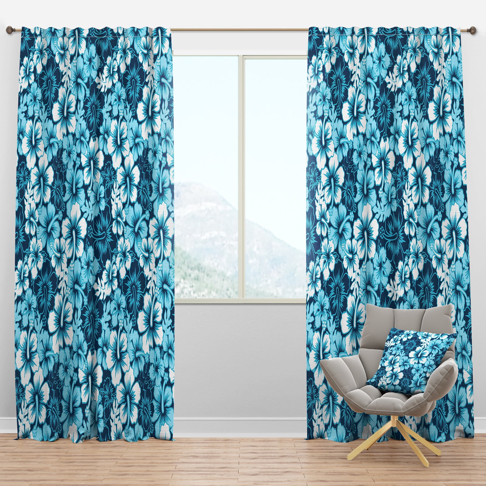 Indigo Hawaii Flowers Pattern - Tropical Curtain Panels