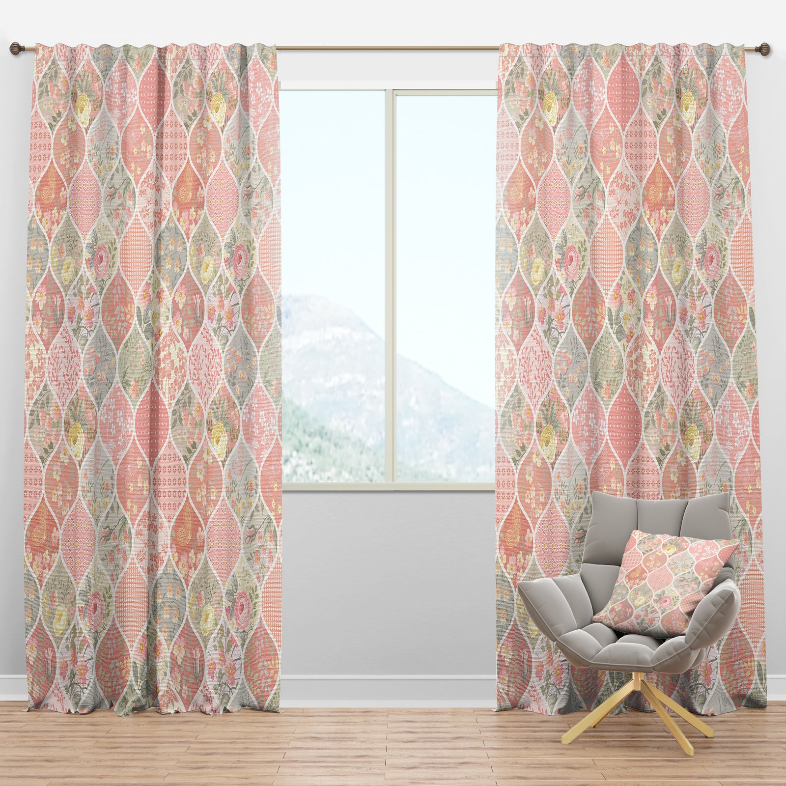 Patchwork Pattern with Flowers - Modern Curtain Panels