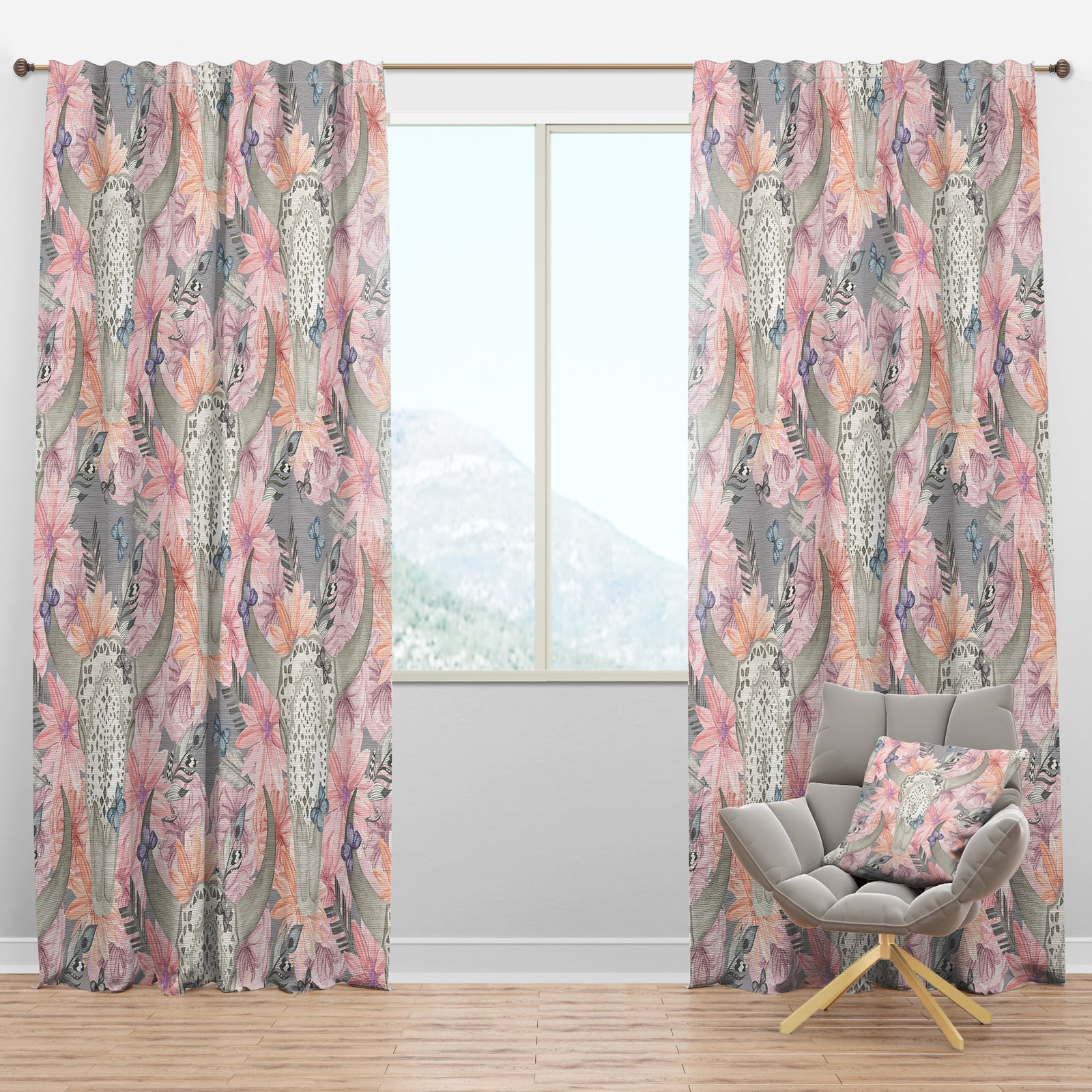 Skull Bull in Flowers - Bohemian & Eclectic Curtain Panels