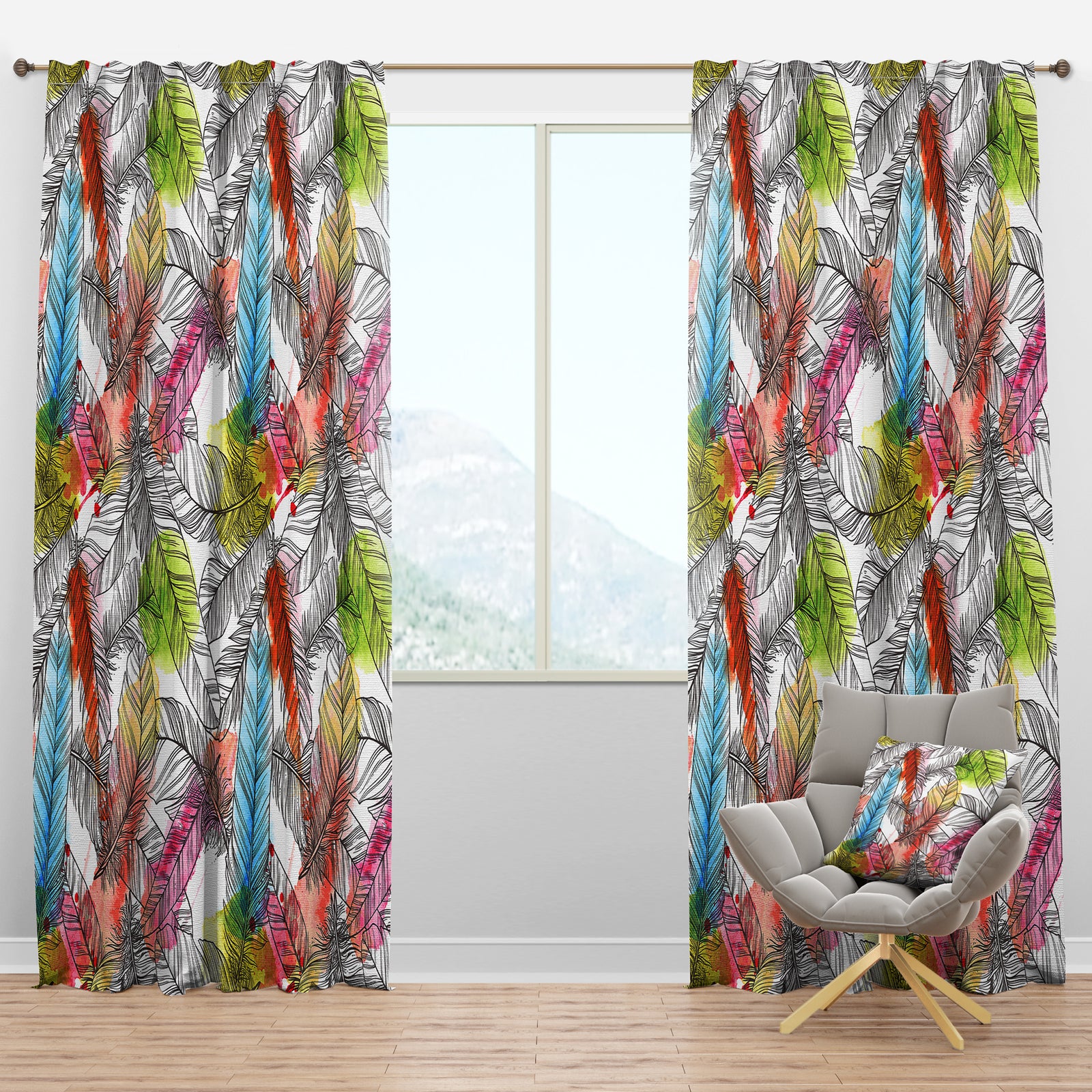 Pattern with Hand Drawn Feathers - Southwestern Curtain Panels