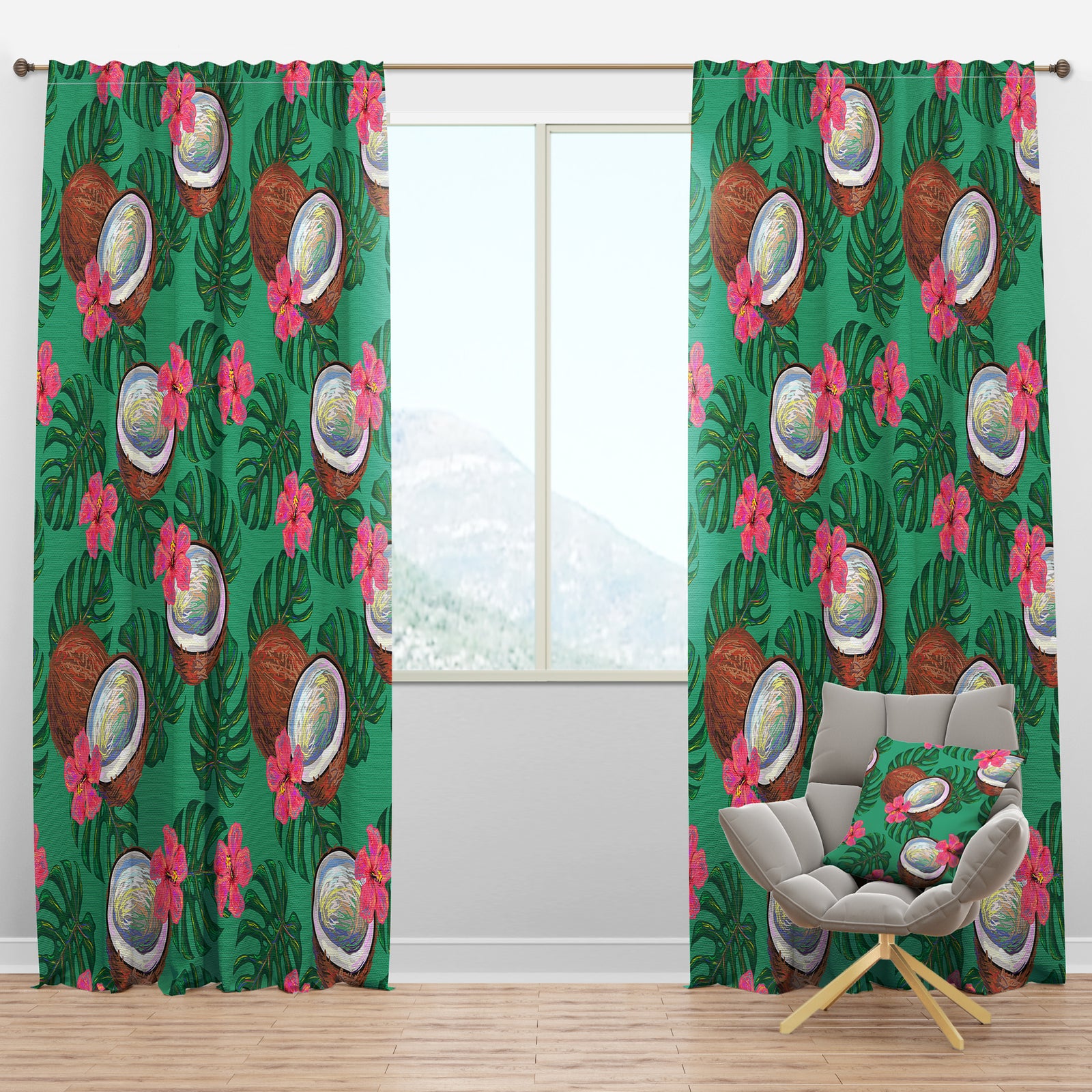 Pattern with Coconuts & Flowers - Tropical Curtain Panels