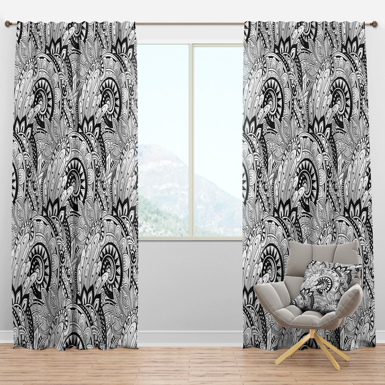 Monochrome Abstract Floral Pattern - Bohemian & Eclectic Curtain Panels