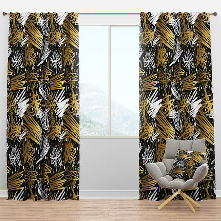 Retro 80S 90S Scribble Doodle Pattern Gold Fancy - Modern & Contemporary Curtain Panels
