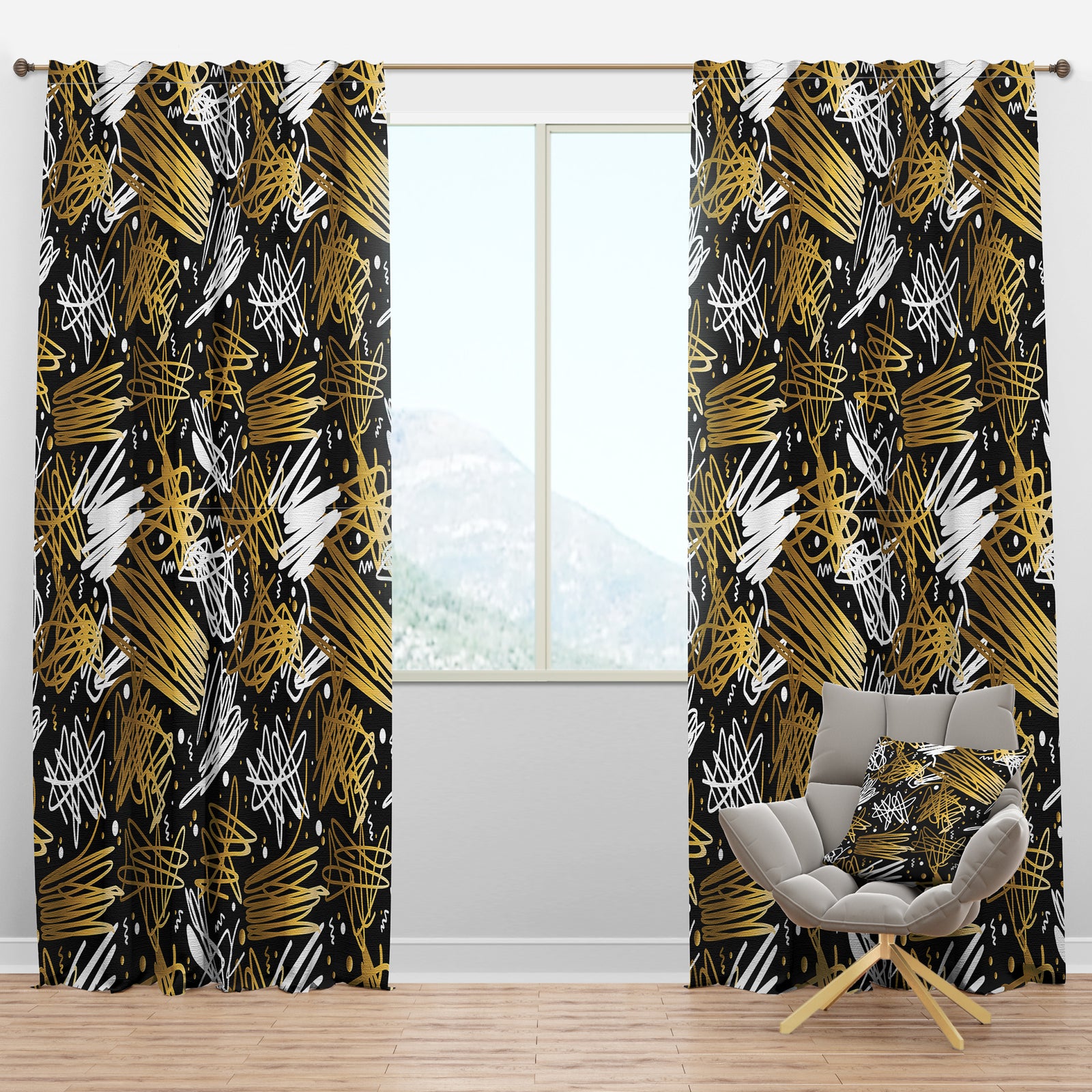 Retro 80S 90S Scribble Doodle Pattern Gold Fancy - Modern & Contemporary Curtain Panels